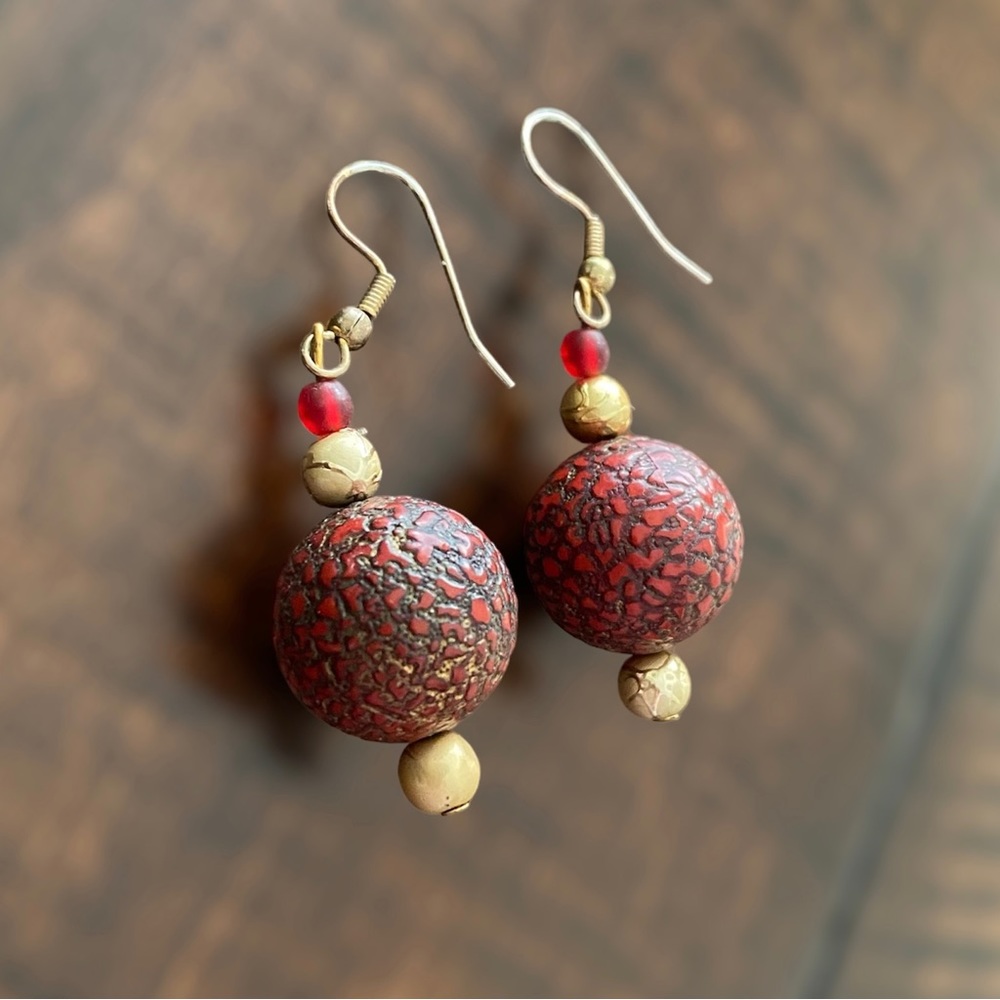 Red and Golden Handmade Beaded Dangling Earrings